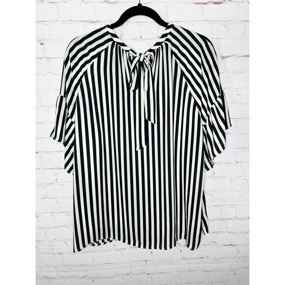 LOFT Black White Vertical Stripe Short Sleeve Blouse Womens Large Top - Picture 7 of 7